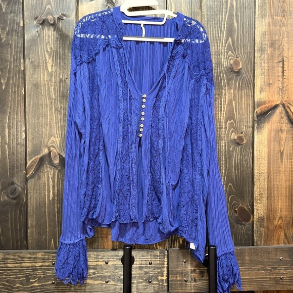 Free People Top M Georgia Lace Tunic Peasant Button Front Semi Sheer Navy Blue - Picture 2 of 13